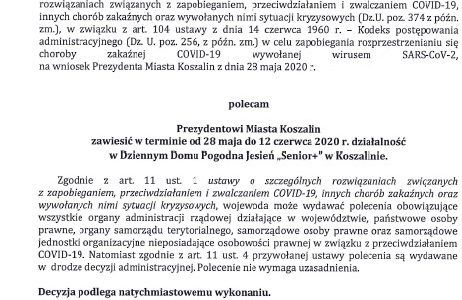 Decyzja Wojewody z dnia 28.05.2020r w sprawie Dziennego Domu Pogodna Jesień „Senior +” Decyzja Wojewody z dnia 28.05.2020r w sprawie Dziennego Domu Pogodna Jesień „Senior +”