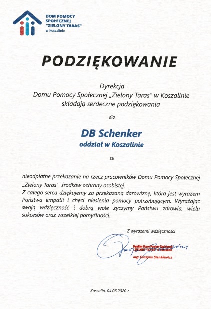 Podziękowanie dla DB Schenker oddział w Koszalinie