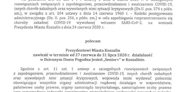 Decyzja Wojewody z dnia 26.06.2020r w sprawie Dziennego Domu Pogodna Jesień „Senior +” Decyzja Wojewody z dnia 26.06.2020r w sprawie Dziennego Domu Pogodna Jesień „Senior +”