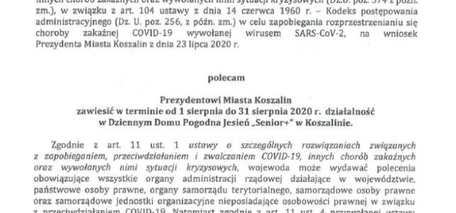 Decyzja Wojewody z dnia 31.07.2020r. w sprawie Dziennego Domu Pogodna Jesień „Senior +” Decyzja Wojewody z dnia 31.07.2020r. w sprawie Dziennego Domu Pogodna Jesień „Senior +”