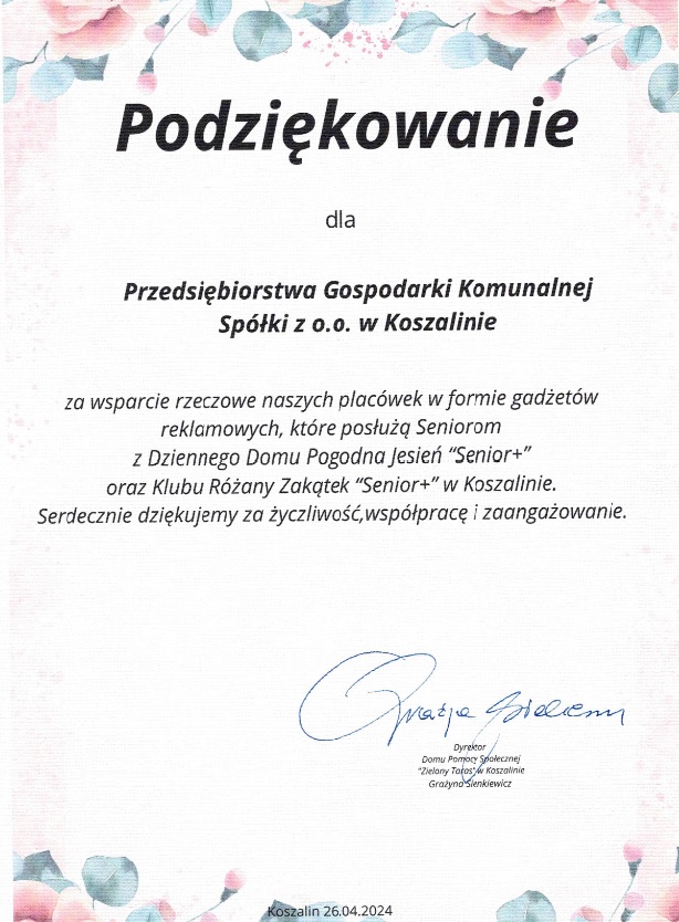 Podziękowania dla PGK sp. z o.o. w Koszalinie